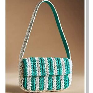 NWOT Anthropologie Striped Raffia Shoulder Bag Green Retro Cream Chic Street